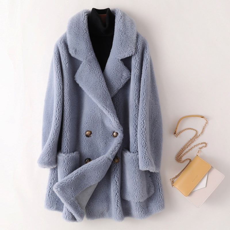 WW | Damen Oversized Teddyjacke mit breitem Revers und doppelter Knopfleiste