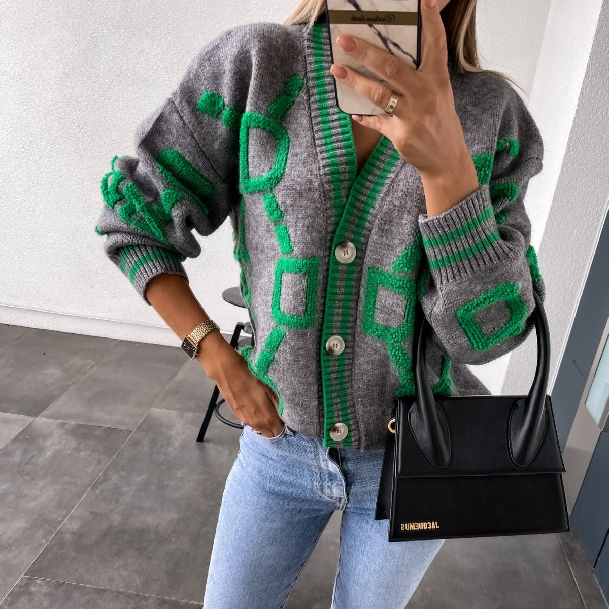 WW | Damen Oversized Gestrickter Cardigan mit Geometrischem Druck