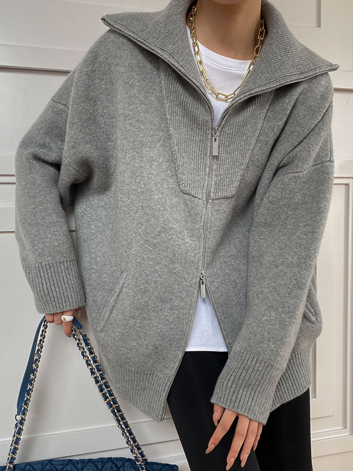 WW | Damen Übergröße Strickjacke mit offenem Kragen und langen Ärmeln
