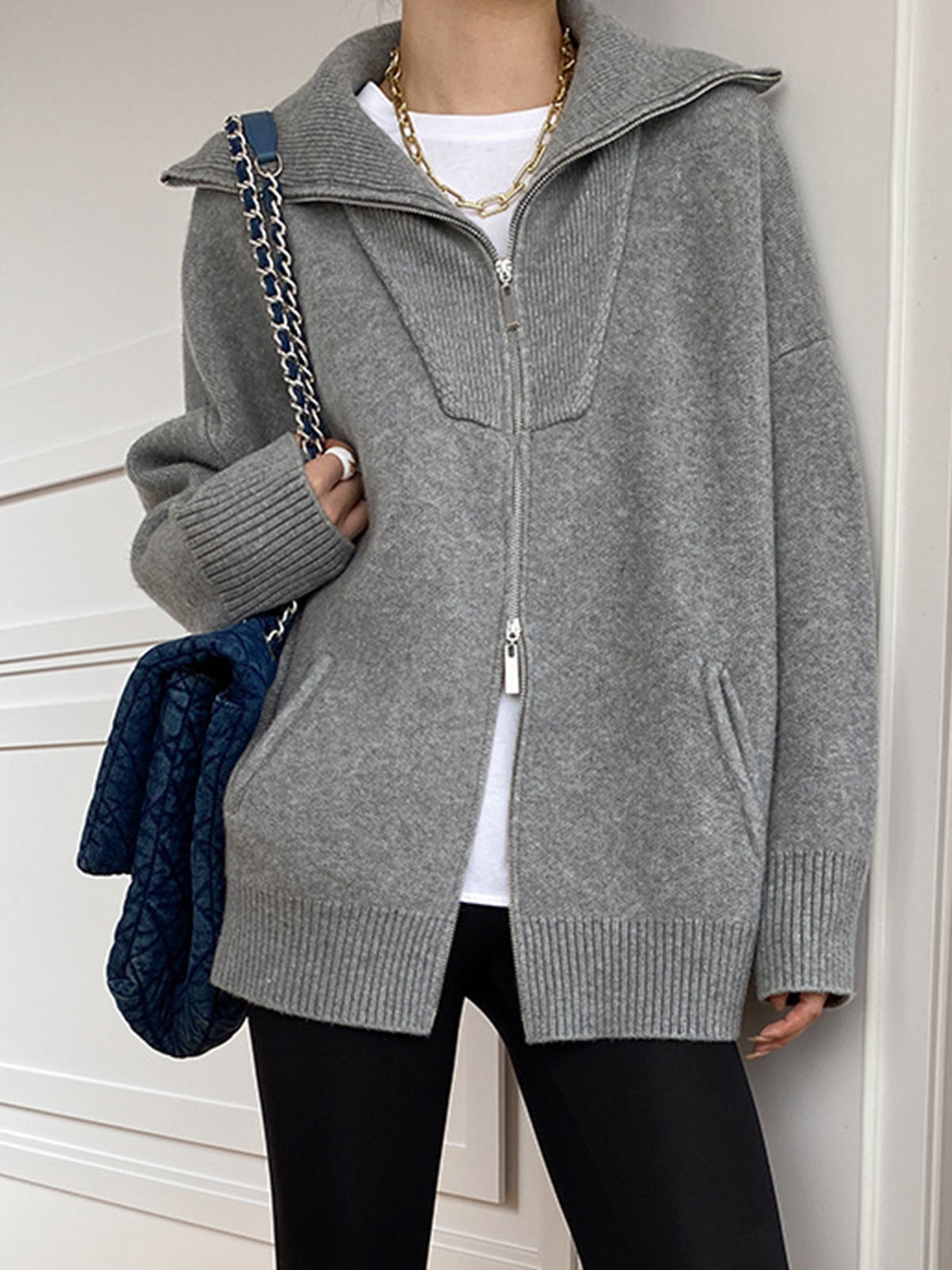 WW | Damen Übergröße Strickjacke mit offenem Kragen und langen Ärmeln