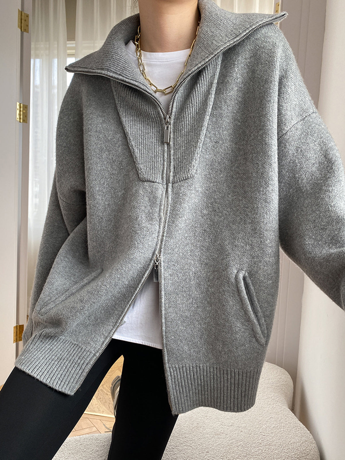 WW | Damen Übergröße Strickjacke mit offenem Kragen und langen Ärmeln