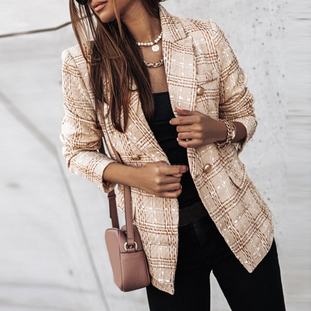 WW | Checked Tweed Blazer with Gold Buttons - Elegant Double-Breasted in Vintage Style