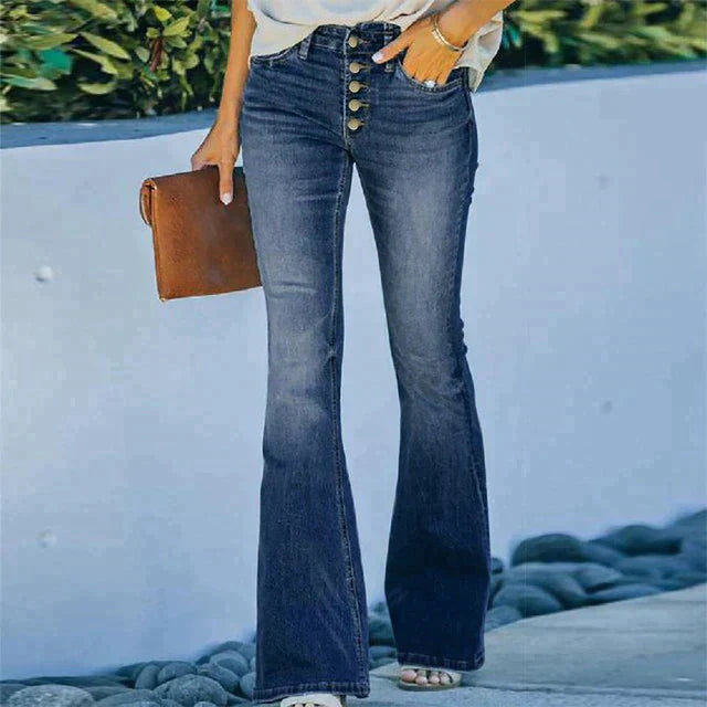 WW | Women's High-Waisted Flare Jeans with Button Fly, Figure-Hugging Cut, and Flared Leg for a Retro Style