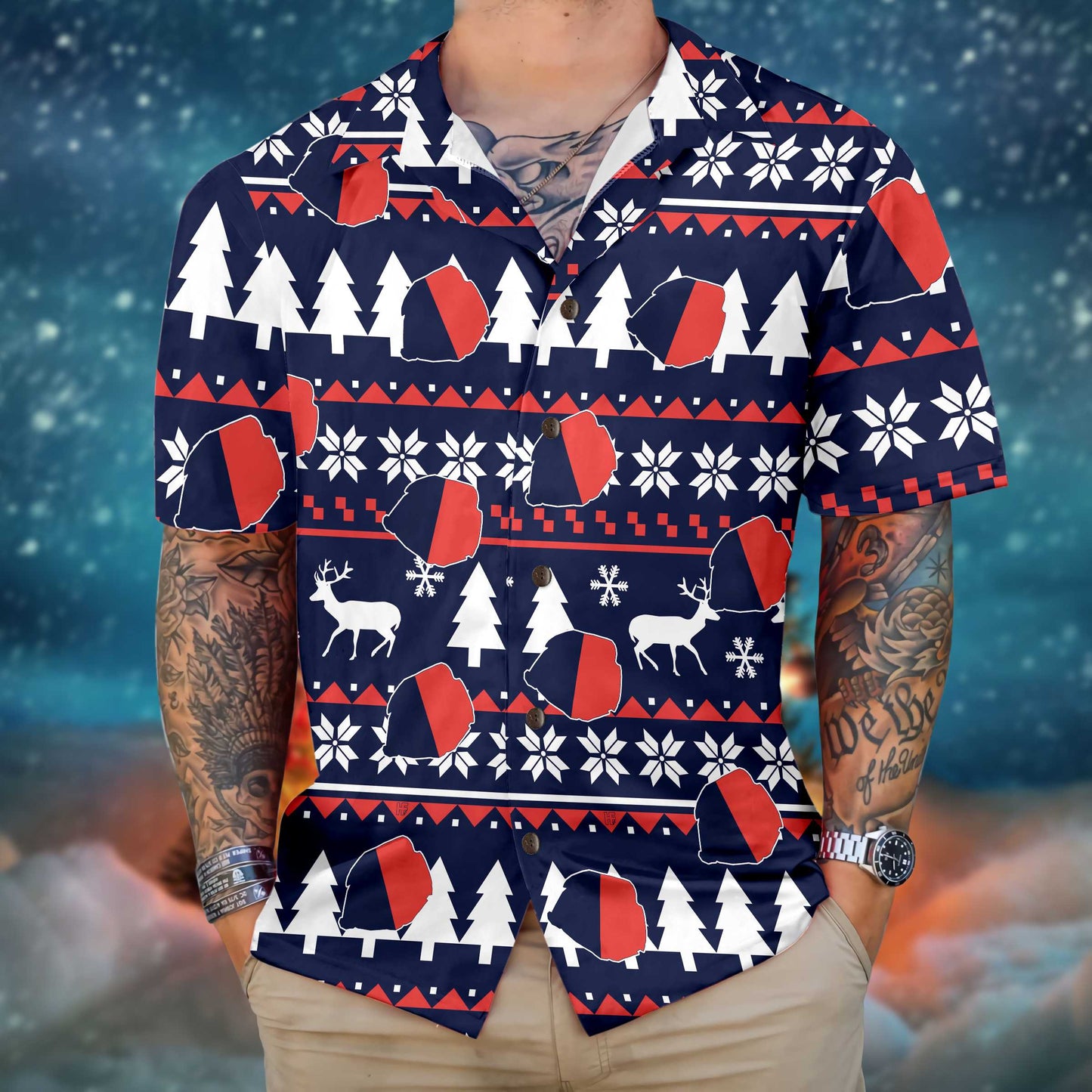 WW | Paris Hässliches Weihnachtsmuster Hawaiian Shirt, Französische Flagge Weihnachtshemd für Männer