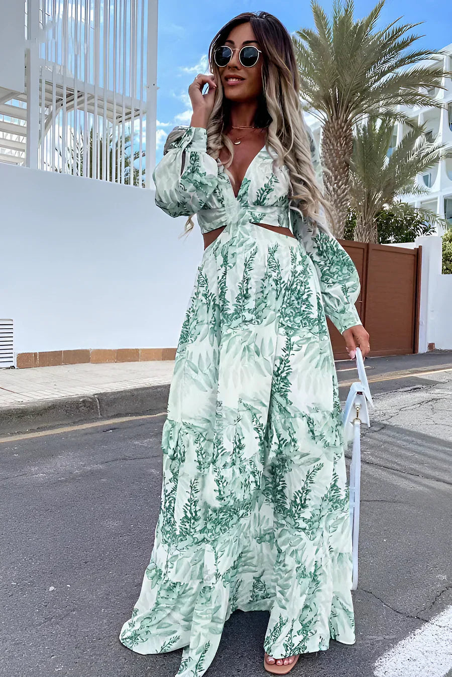 WW | Elegantes Langarm-V-Ausschnitt-Kleid Mit Muster