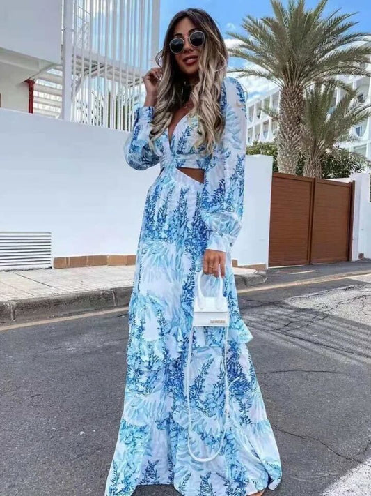 WW | Elegant Patterned V-Neck Long-Sleeve Dress
