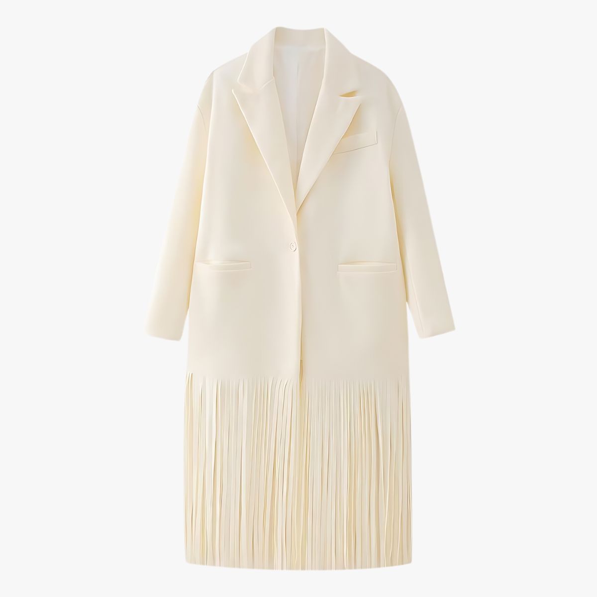 WW | Damen elegante cremeweiße Jacke mit Fransen-Detail und klassischem Reverskragen