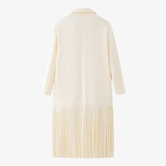 WW | Damen elegante cremeweiße Jacke mit Fransen-Detail und klassischem Reverskragen