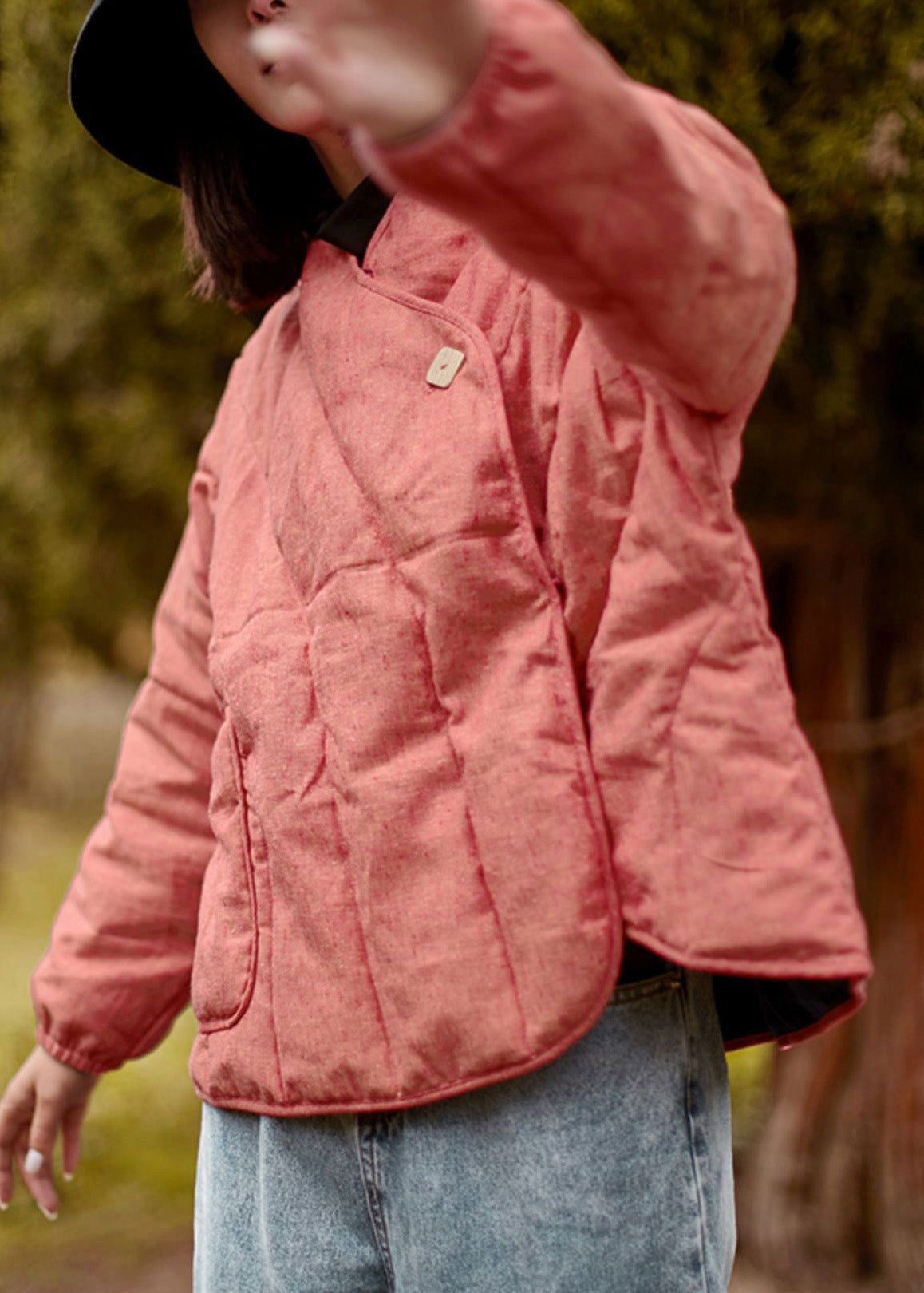WW | Solid Pockets Cotton-Padded Coats V-Neck