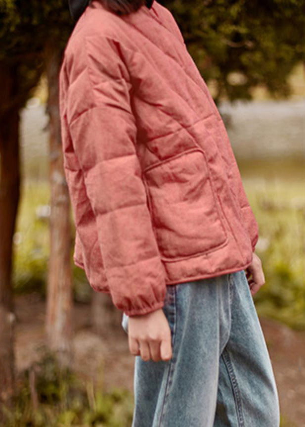 WW | Solid Pockets Cotton-Padded Coats V-Neck