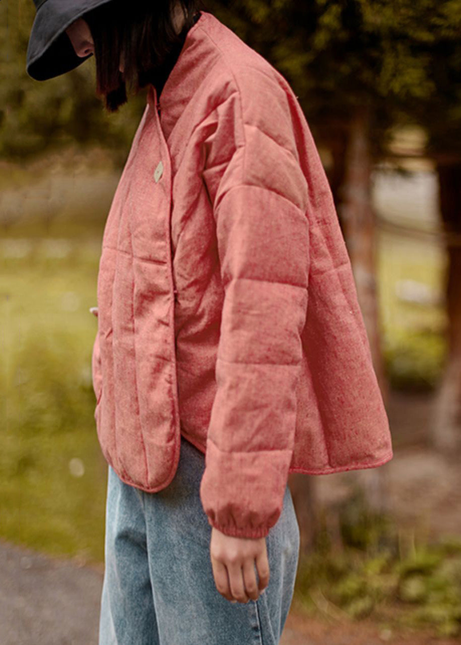 WW | Solid Pockets Cotton-Padded Coats V-Neck