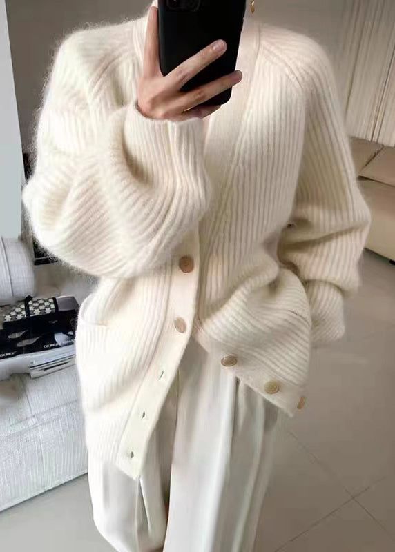 WW | Größe Beige V-Ausschnitt Knopf Taschen Baumwolle Strick Mäntel