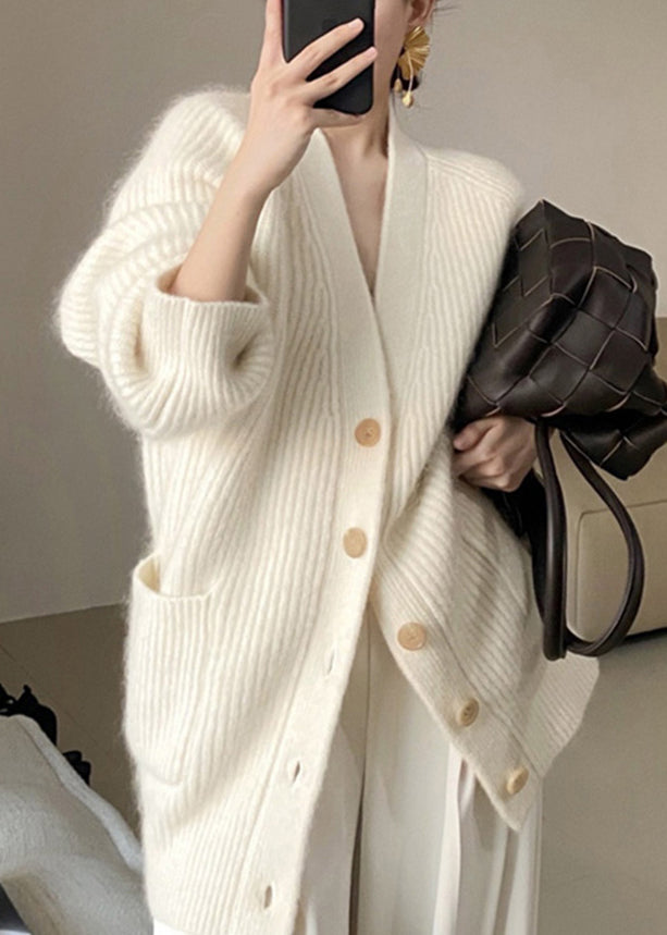 WW | Größe Beige V-Ausschnitt Knopf Taschen Baumwolle Strick Mäntel