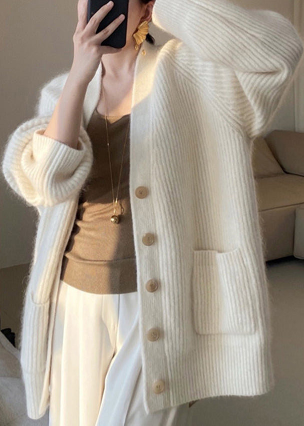 WW | Größe Beige V-Ausschnitt Knopf Taschen Baumwolle Strick Mäntel