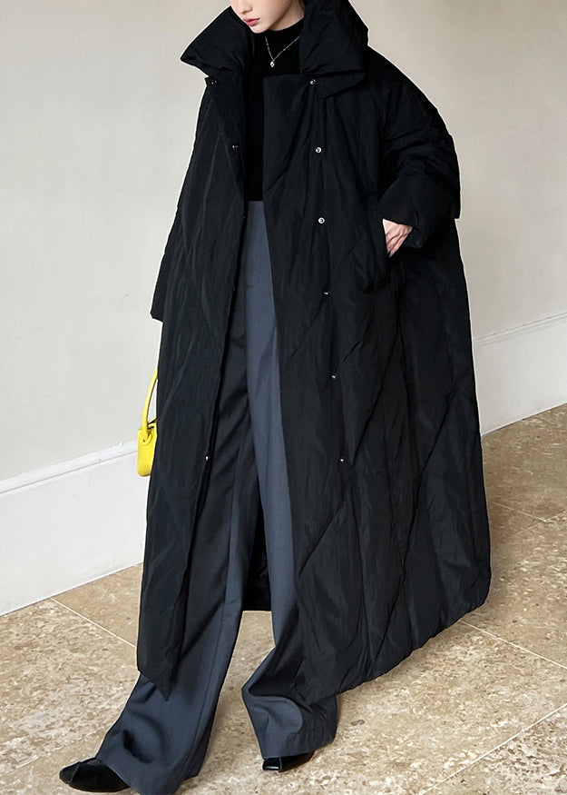 WW | Size Black Button Pockets Patchwork Cotton-Padded Coats Winter