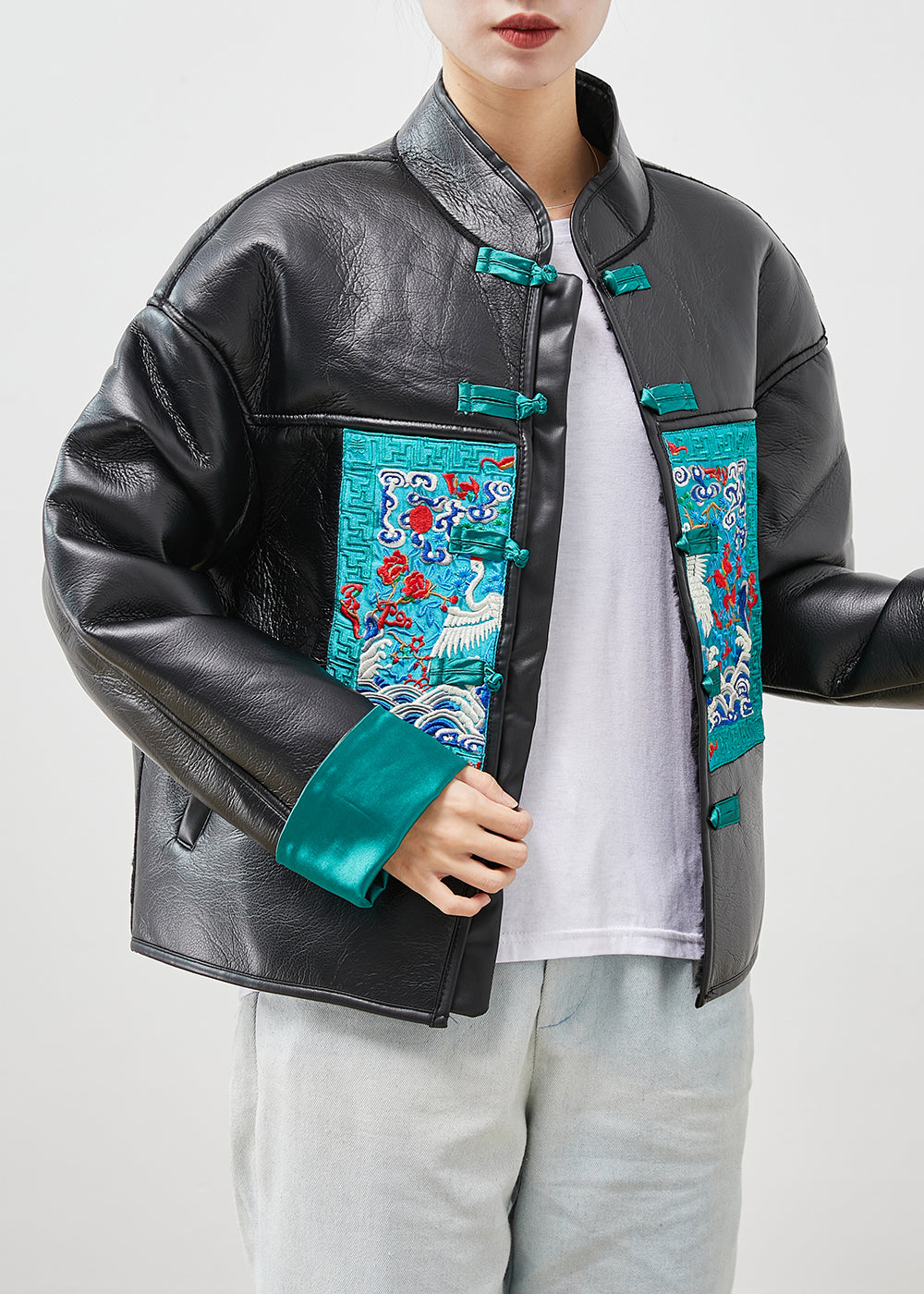 WW | Größe Schwarze Bestickte Patchwork Warme Fleece Kunstlederjacken Winter