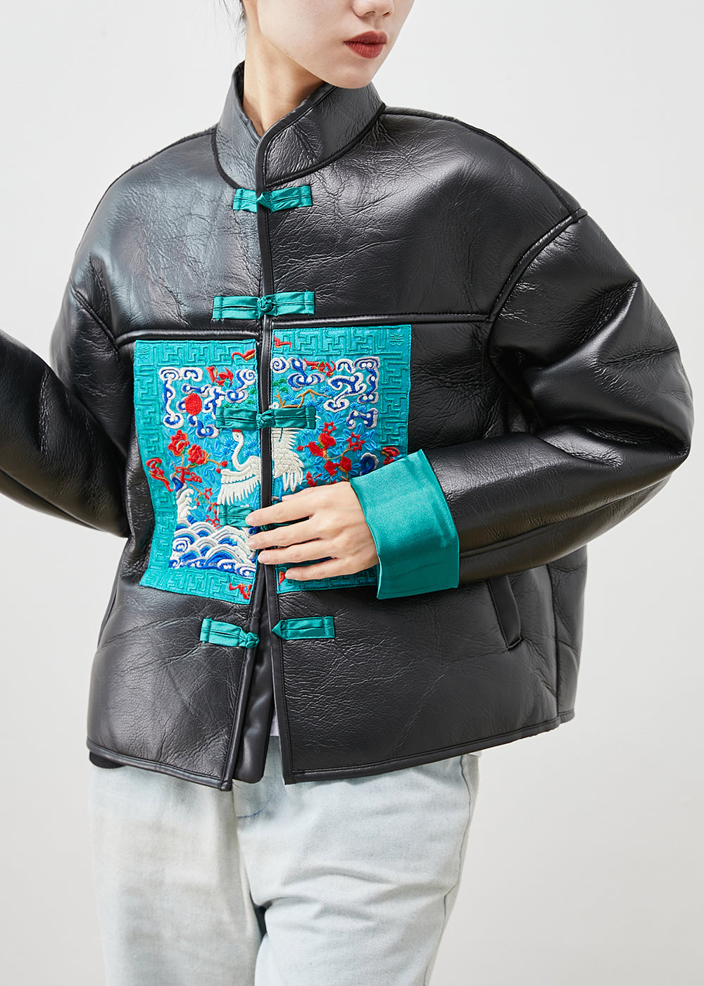 WW | Size Black Embroidered Patchwork Warm Fleece Faux Leather Jackets Winter