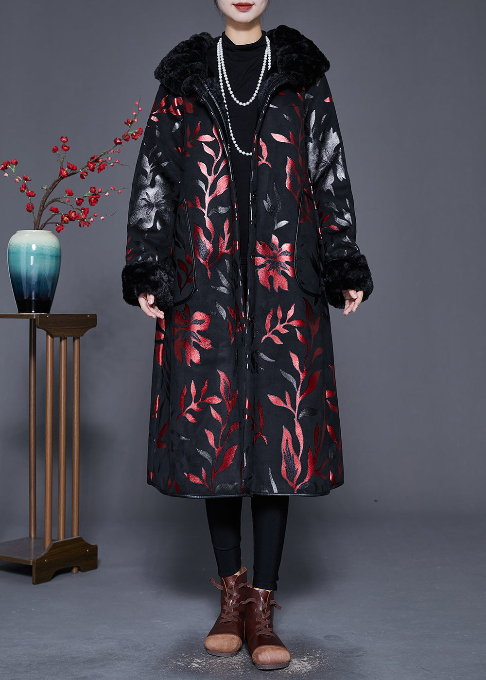 WW | Size Black Fur Collar Print Warm Fleece Coats Winter