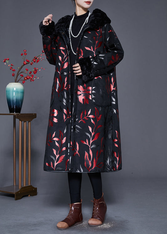 WW | Größe Schwarzer Pelzkragen Druck Warm Fleece Mäntel Winter