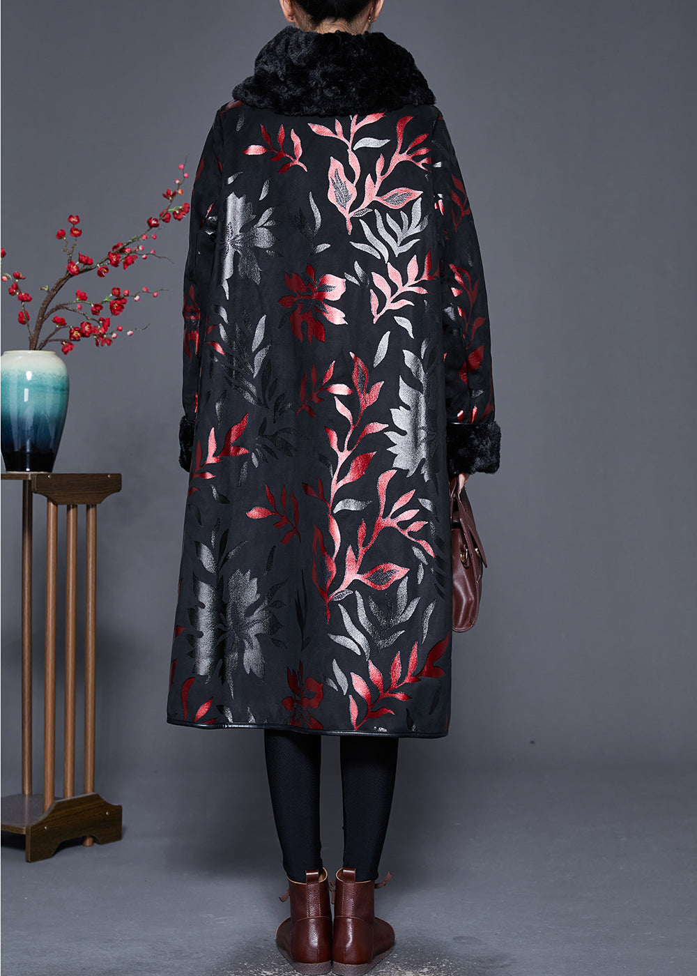 WW | Größe Schwarzer Pelzkragen Druck Warm Fleece Mäntel Winter