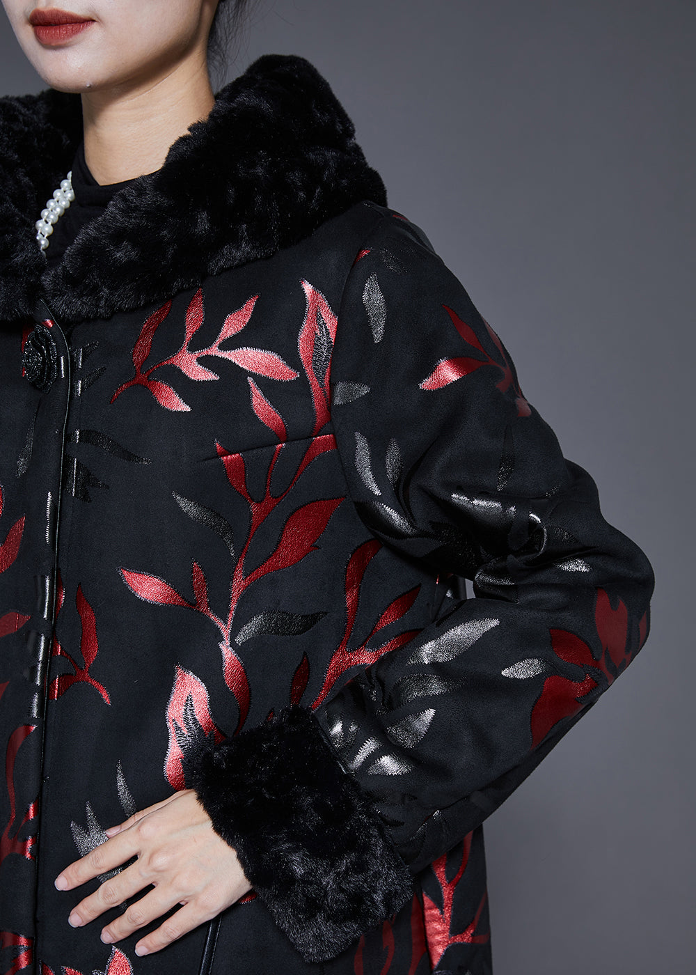 WW | Size Black Fur Collar Print Warm Fleece Coats Winter