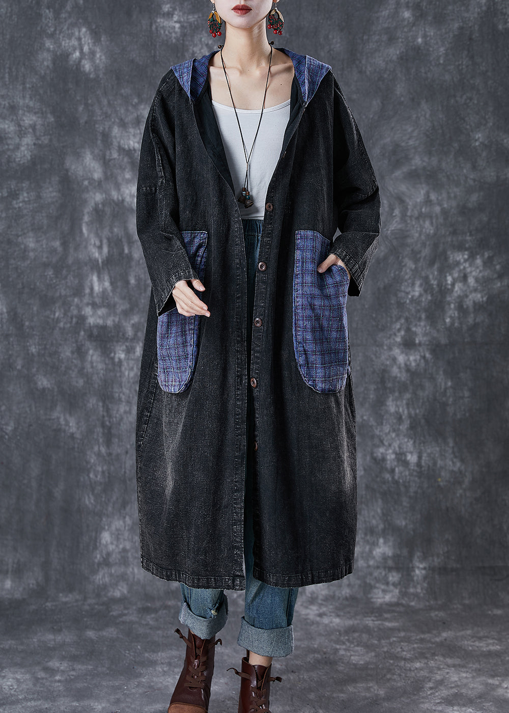 WW | Oversized Black Hooded Patchwork Large Pockets Denim Coats