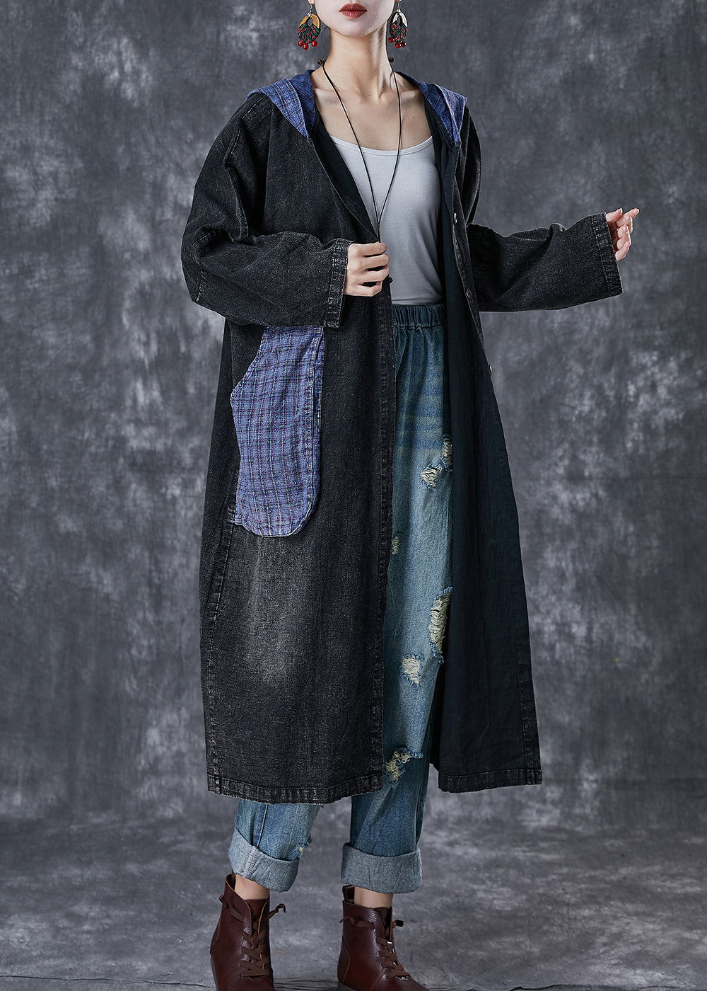 WW | Oversized Black Hooded Patchwork Large Pockets Denim Coats