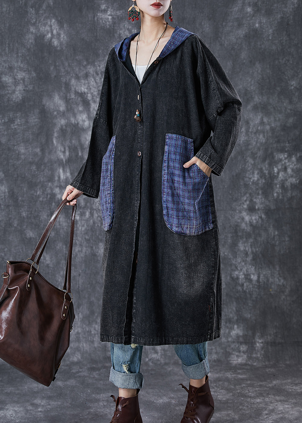 WW | Oversized Black Hooded Patchwork Large Pockets Denim Coats