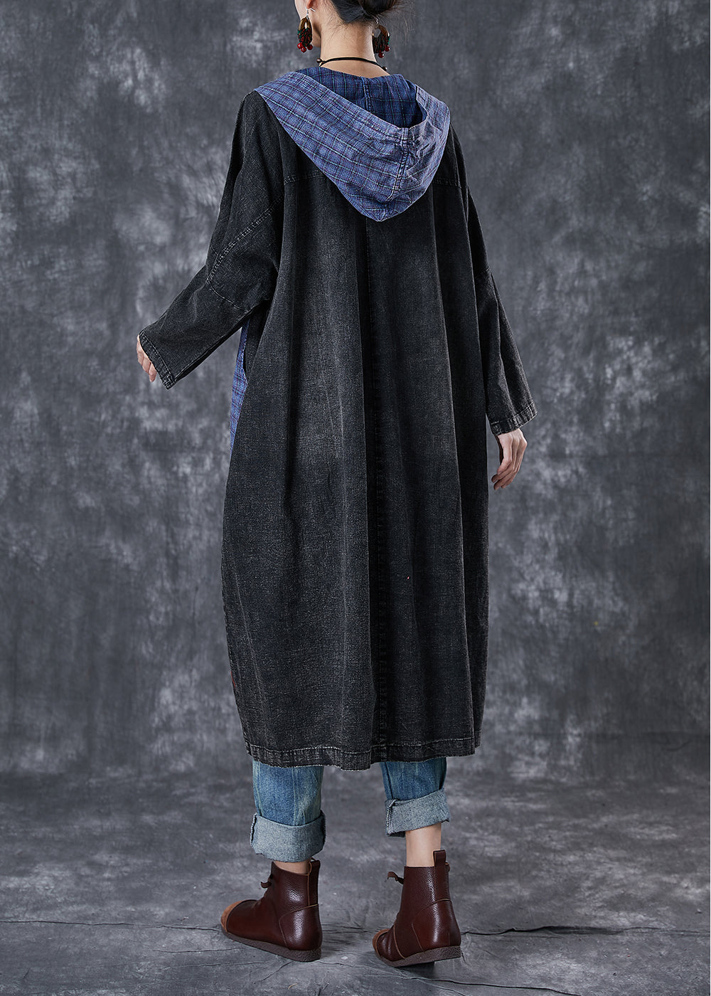 WW | Oversized Black Hooded Patchwork Large Pockets Denim Coats
