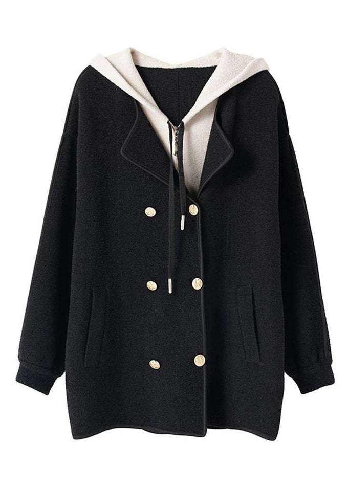 WW | Size Black Hooded Patchwork Wool Faux Two-Piece Coats