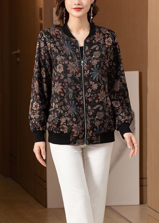 WW | Size Black O-Neck Zipper Pockets Silk Coats Long Sleeve
