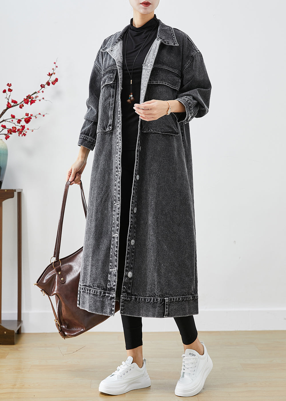 WW | Plus Size Black Plus Size Pockets Denim Trench Coats