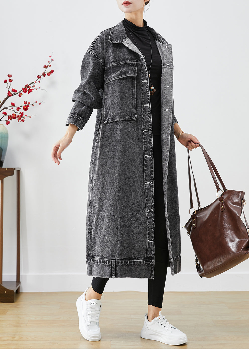 WW | Plus Size Black Plus Size Pockets Denim Trench Coats