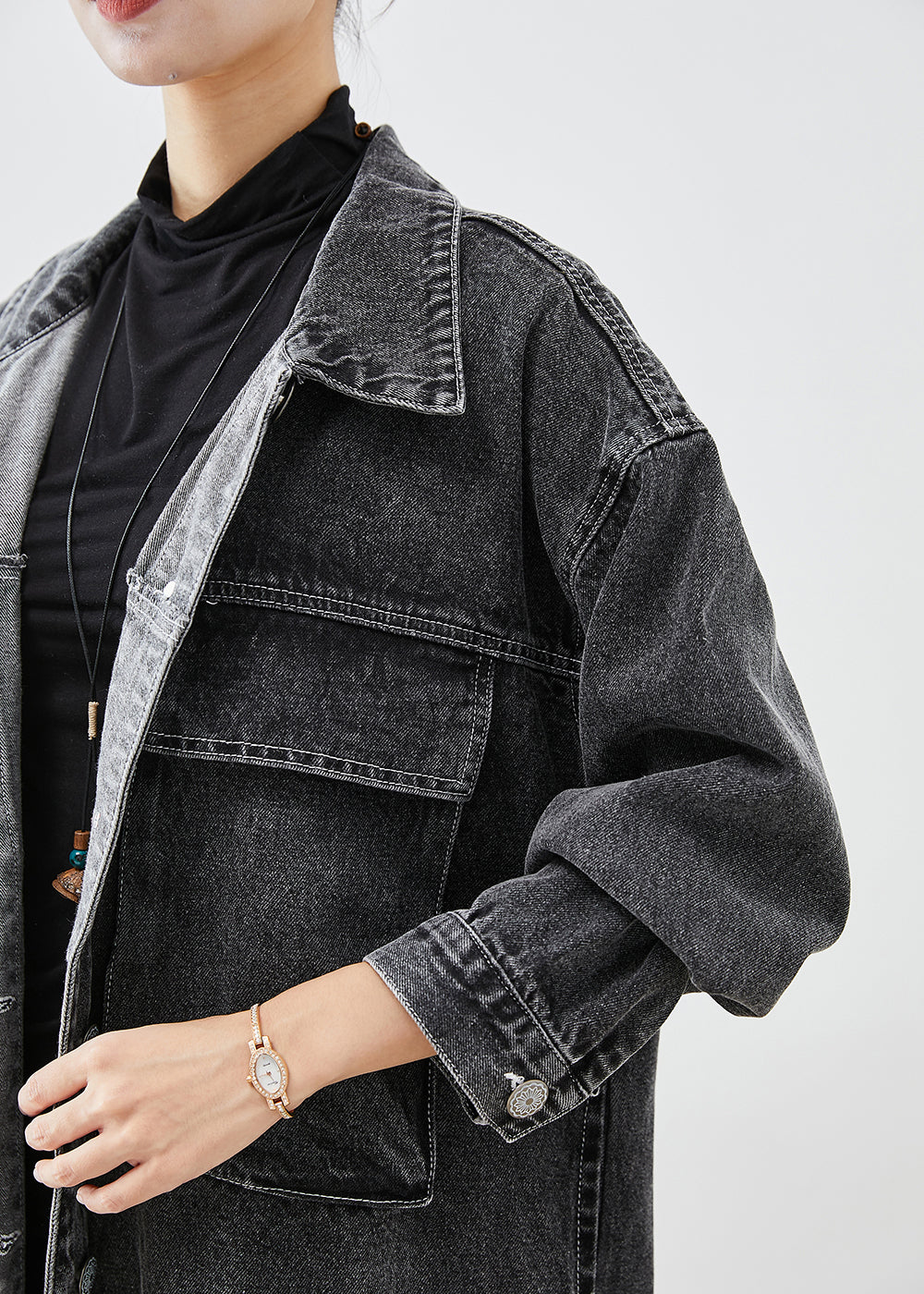 WW | Plus Size Black Plus Size Pockets Denim Trench Coats