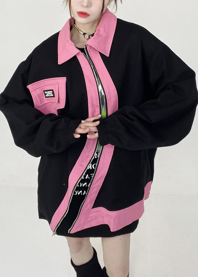 WW | Large Black Peter Pan Collar Zipper Cotton Coats Long Sleeves