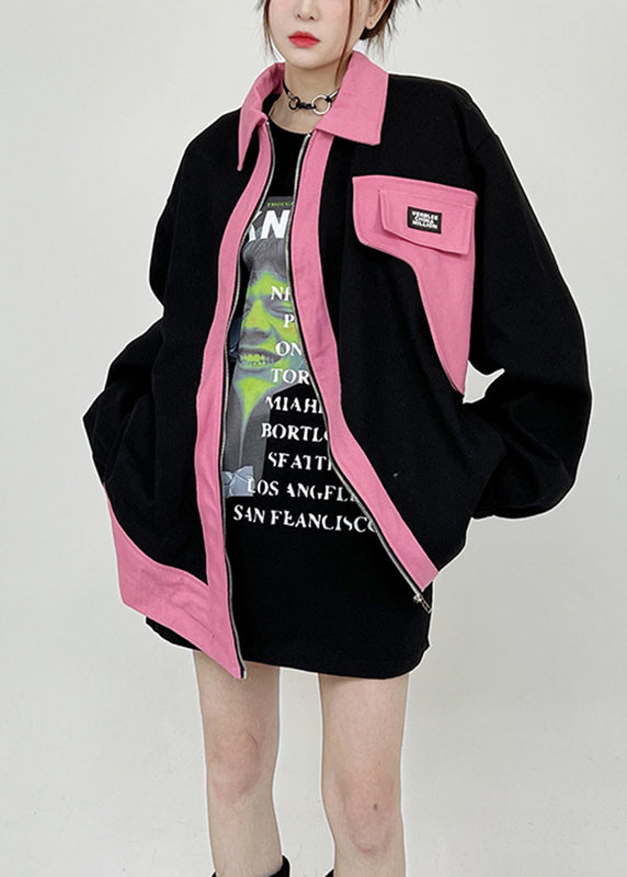 WW | Large Black Peter Pan Collar Zipper Cotton Coats Long Sleeves