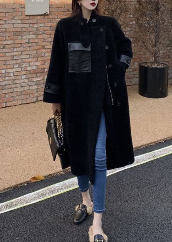 WW | Size Black Zipper Pockets Patchwork Teddy Coats