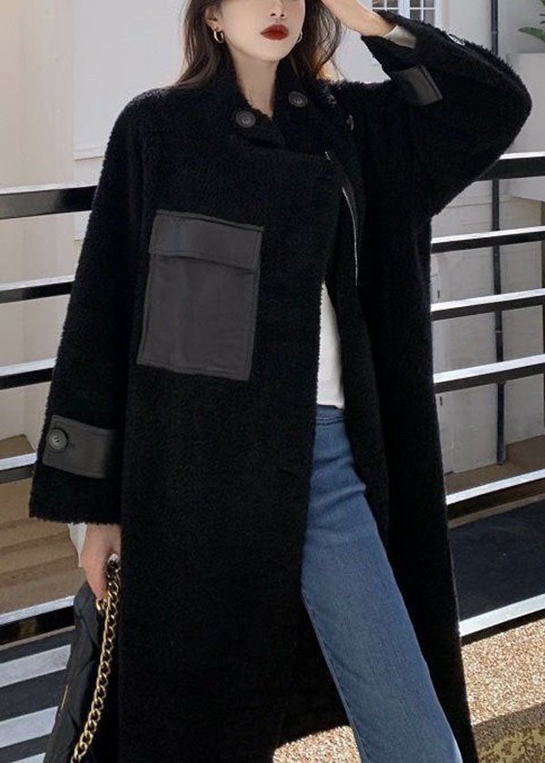WW | Size Black Zipper Pockets Patchwork Teddy Coats