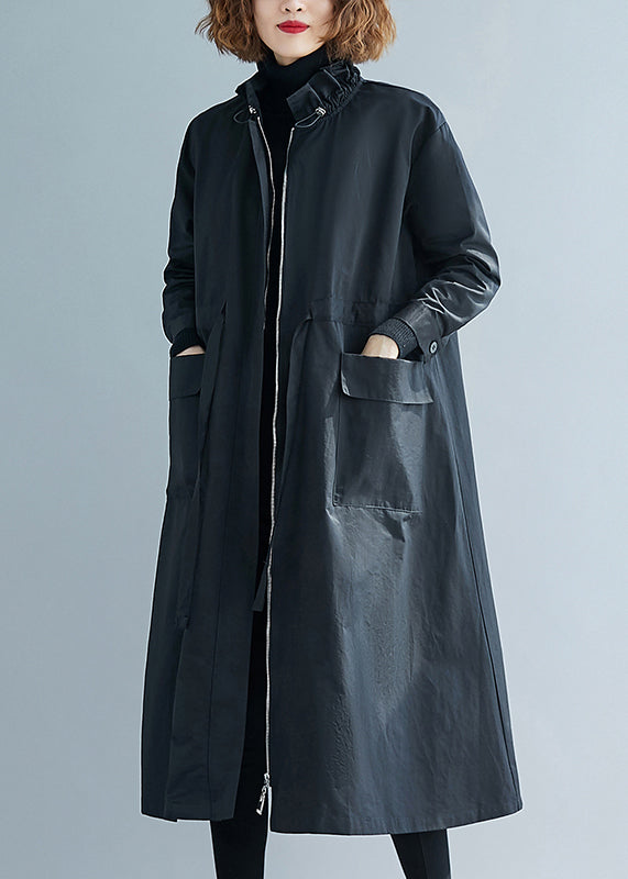 WW | Size Black Ruffle Pockets Patchwork Cotton Trench Coats