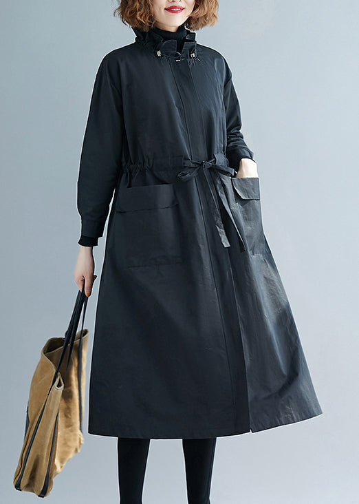 WW | Size Black Ruffle Pockets Patchwork Cotton Trench Coats