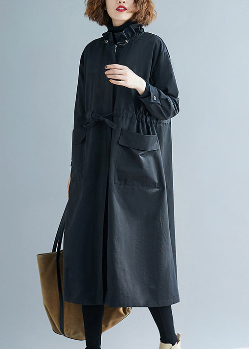 WW | Size Black Ruffle Pockets Patchwork Cotton Trench Coats
