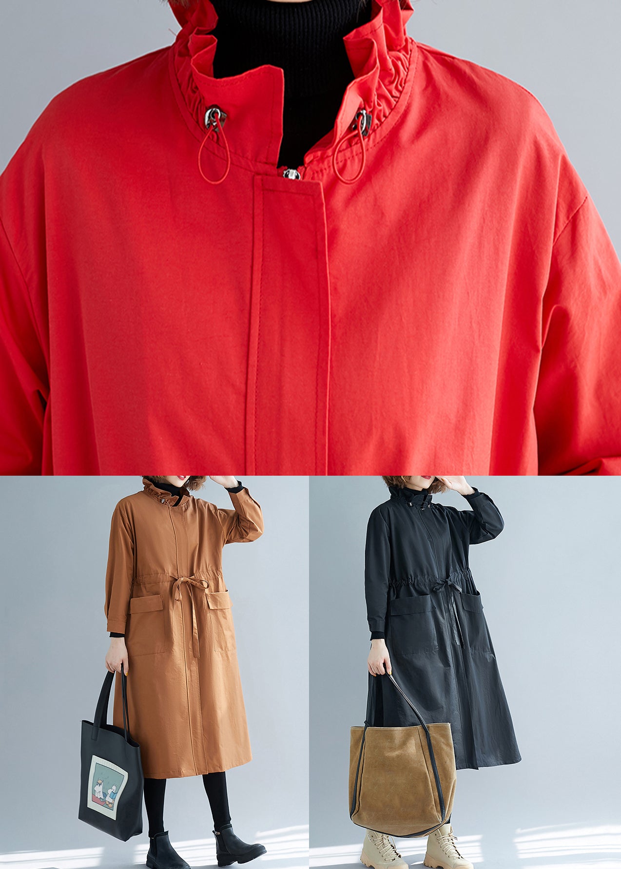 WW | Size Black Ruffle Pockets Patchwork Cotton Trench Coats