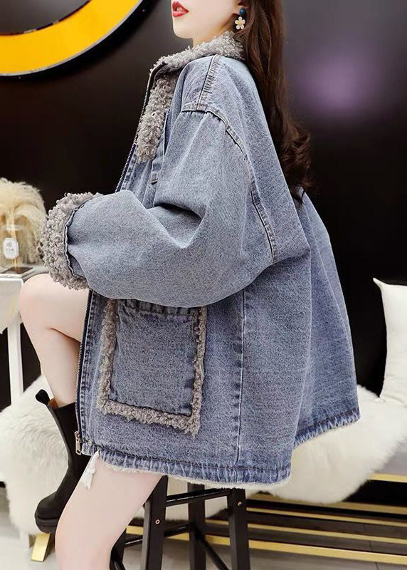WW | Size Black Zipper Pockets Patchwork Warm Fleece Jackets Long Sleeves