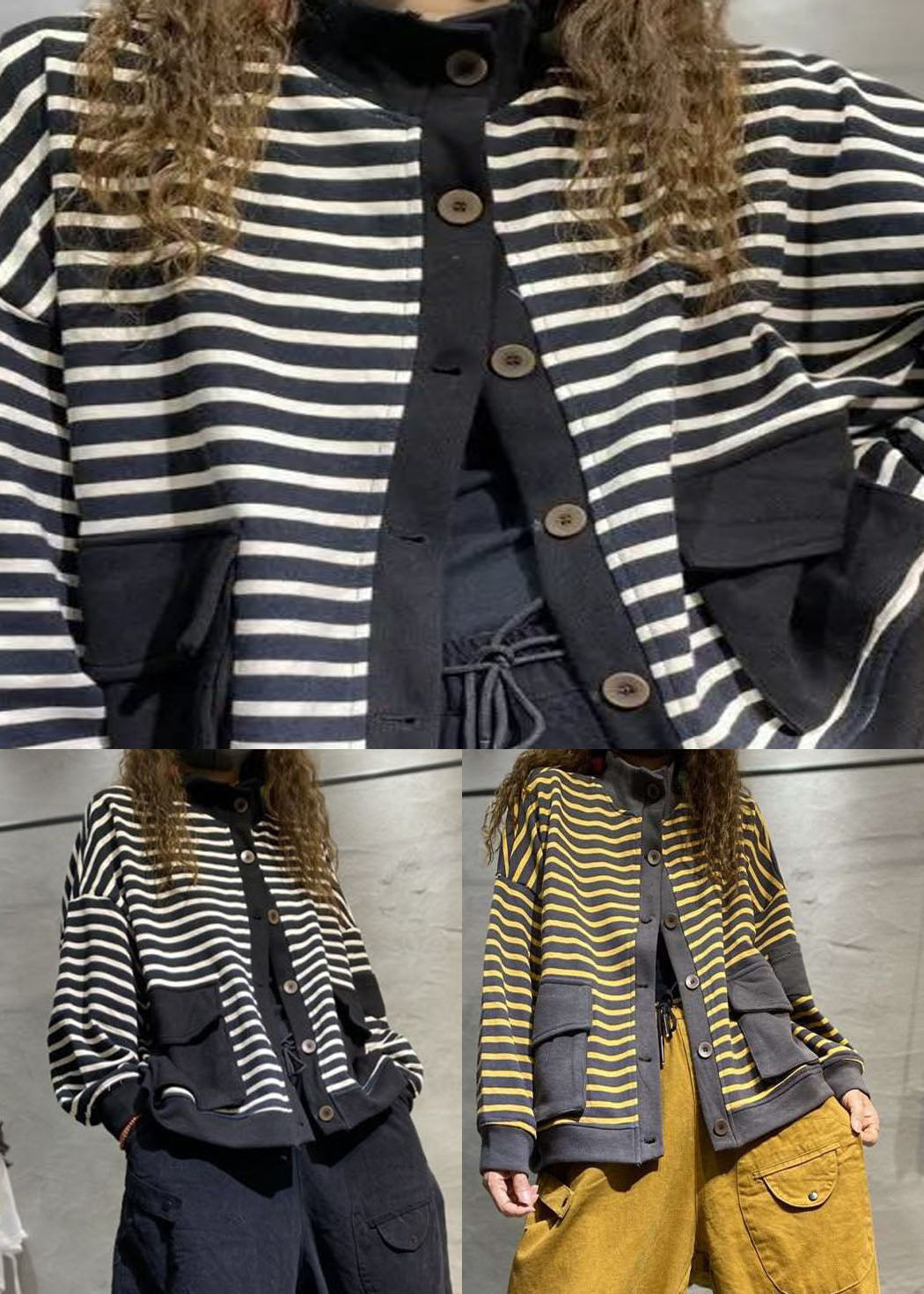 WW | Size Black Button Stand Collar Pockets Coats Long Sleeves