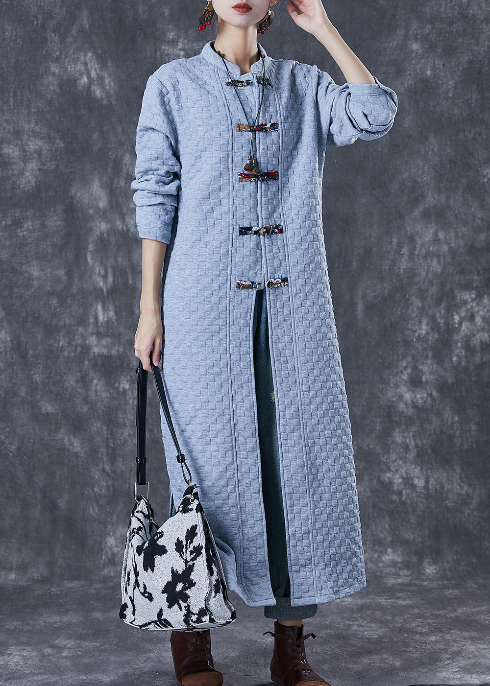 WW | Size Blue Grey Chinese Button Cotton Trench Coats