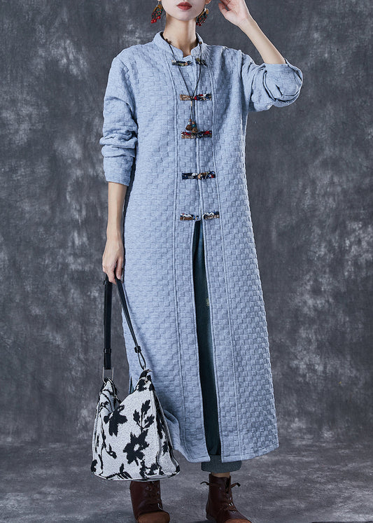 WW | Größe Blau Grau Chinesischer Knopf Baumwolle Trenchcoats