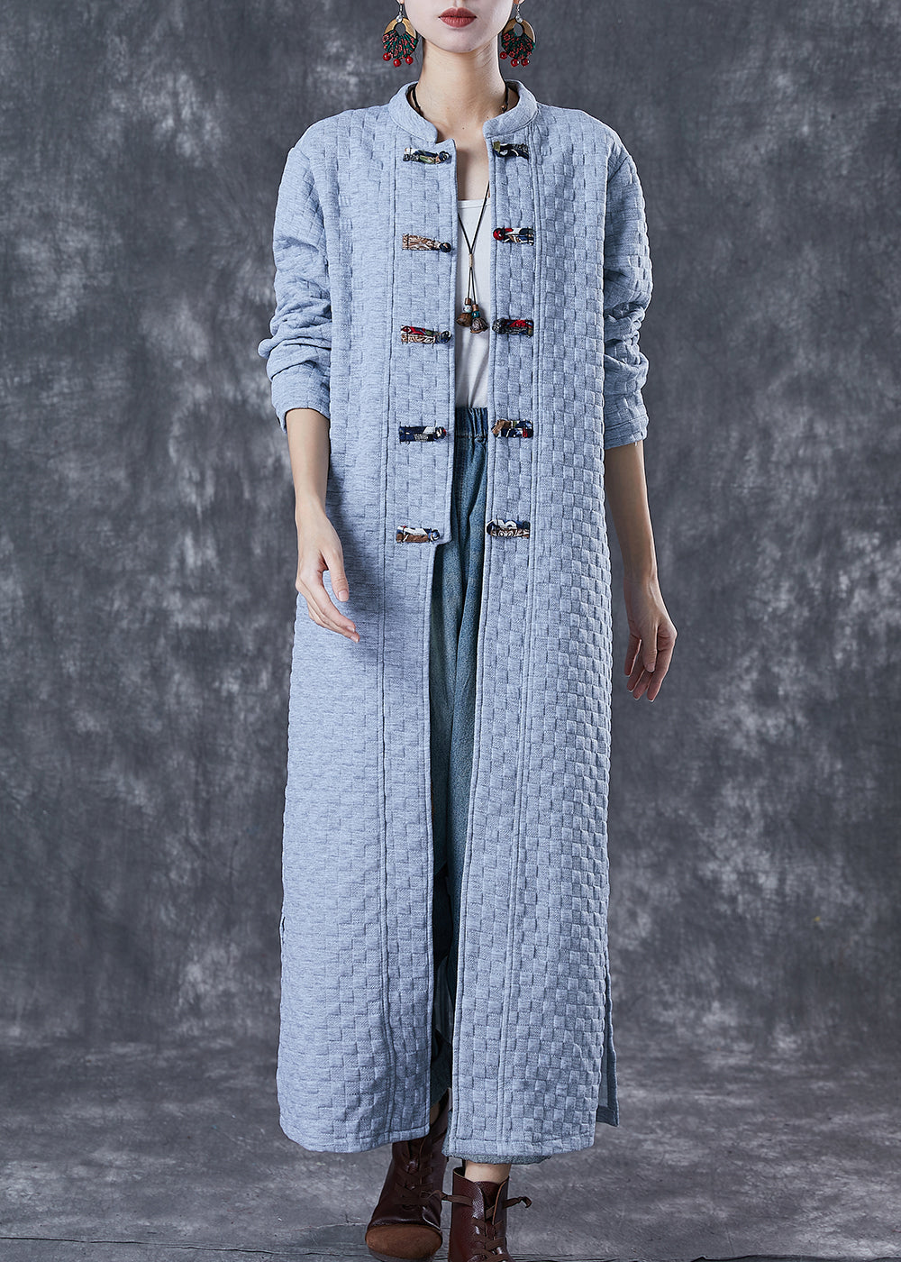 WW | Size Blue Grey Chinese Button Cotton Trench Coats