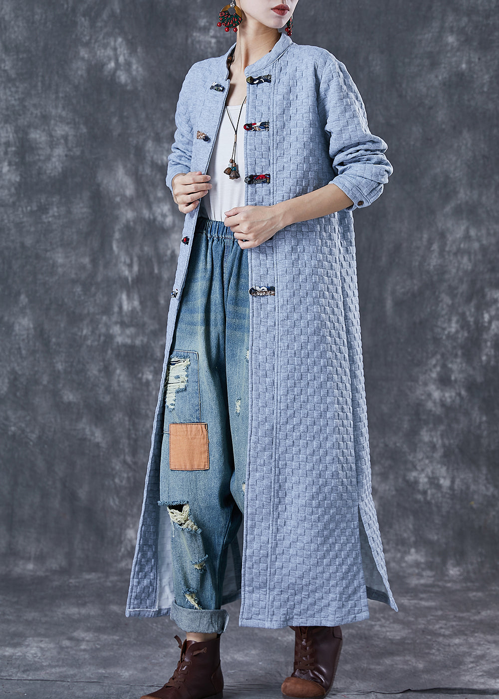 WW | Size Blue Grey Chinese Button Cotton Trench Coats