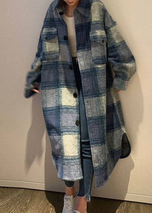 WW | Größe Blaue Peter Pan Kragen Taschen Karierter Woll langer Mantel