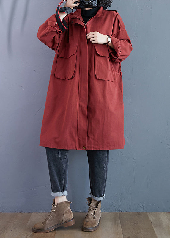 WW | Size Brick Red Zipper Pockets Patchwork Cotton Trench Coats